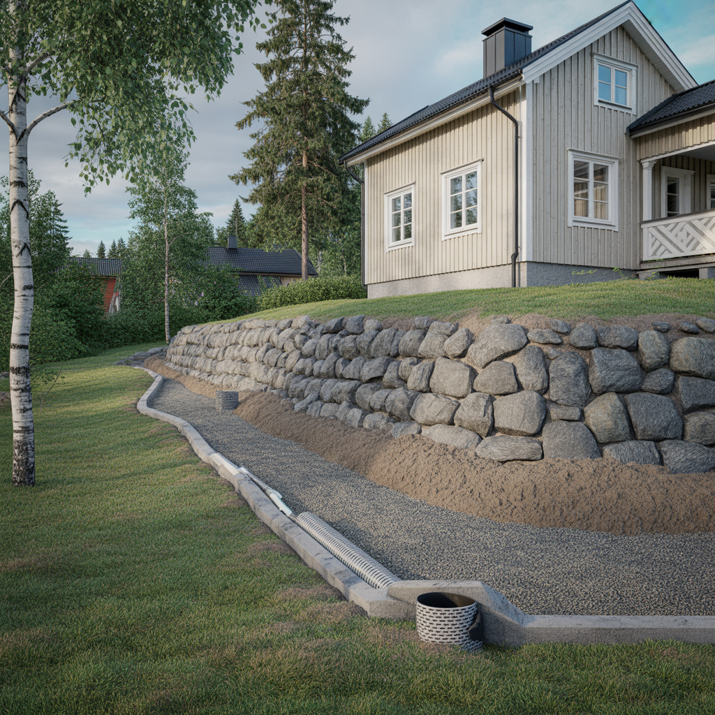 stodmur i sluttning kostnad grundlaggning och dranering